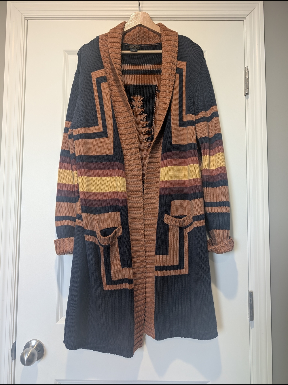 Pendleton Heritage Southwestern Longline Cardigan Duster Sweater Large Navy